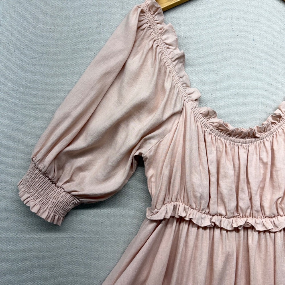 Pink Linen Blend Puff Sleeve Mini Dress OpenBack L Cottagecore Coquette Babydoll - Picture 4 of 13